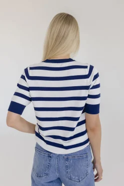 Cameron Short Sleeve Stripe Print Sweater Top Navy
