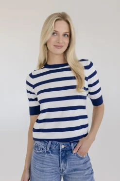 Cameron Short Sleeve Stripe Print Sweater Top Navy