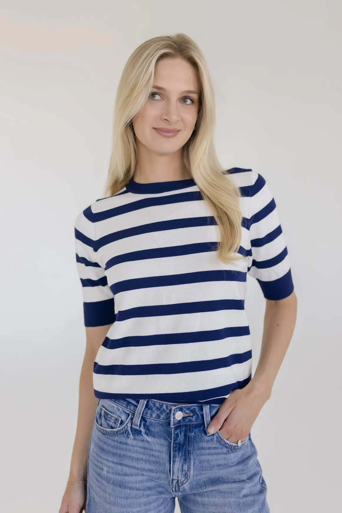 Cameron Short Sleeve Stripe Print Sweater Top Navy
