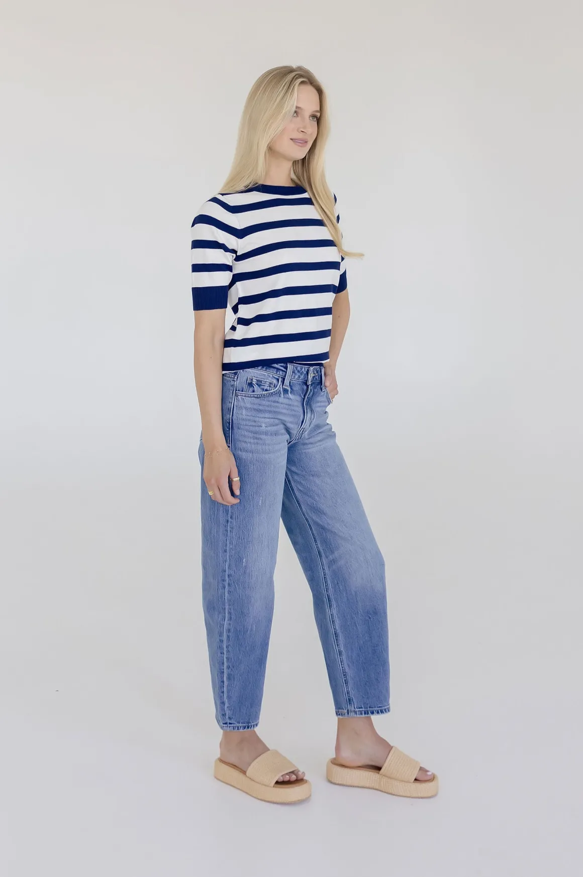 Cameron Short Sleeve Stripe Print Sweater Top Navy