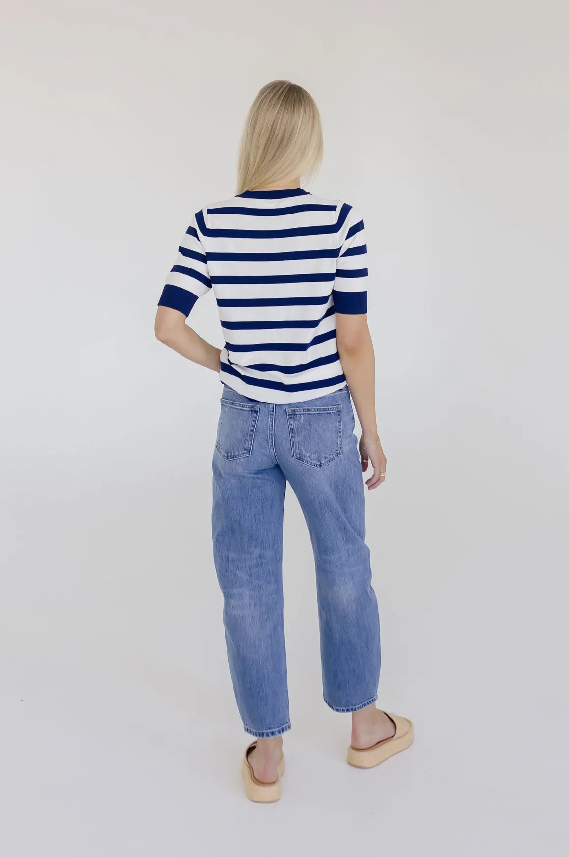 Cameron Short Sleeve Stripe Print Sweater Top Navy