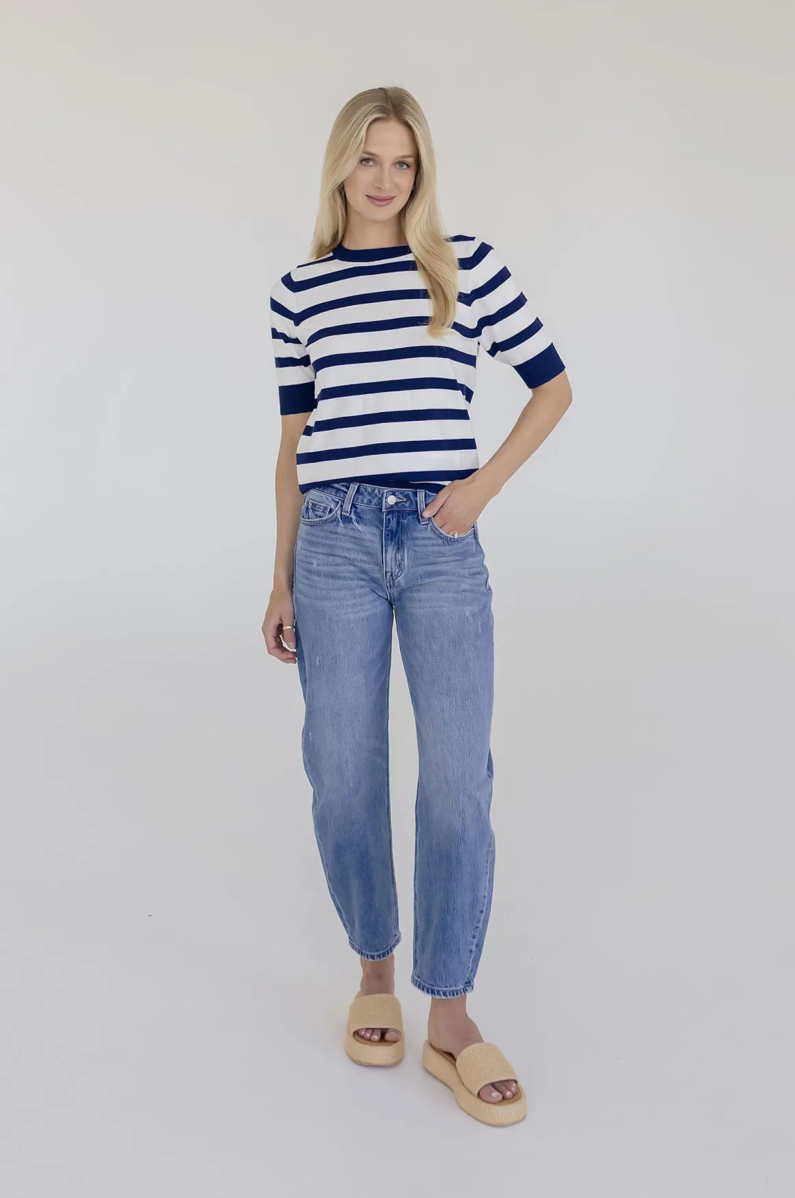 Cameron Short Sleeve Stripe Print Sweater Top Navy