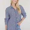 Camila Long Sleeve Button Down Gingham Print Top Navy
