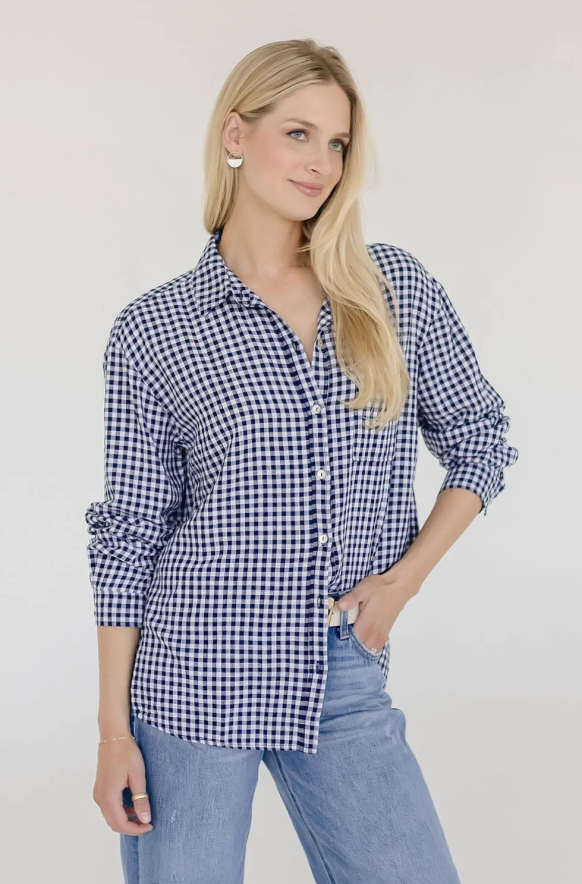 Camila Long Sleeve Button Down Gingham Print Top Navy