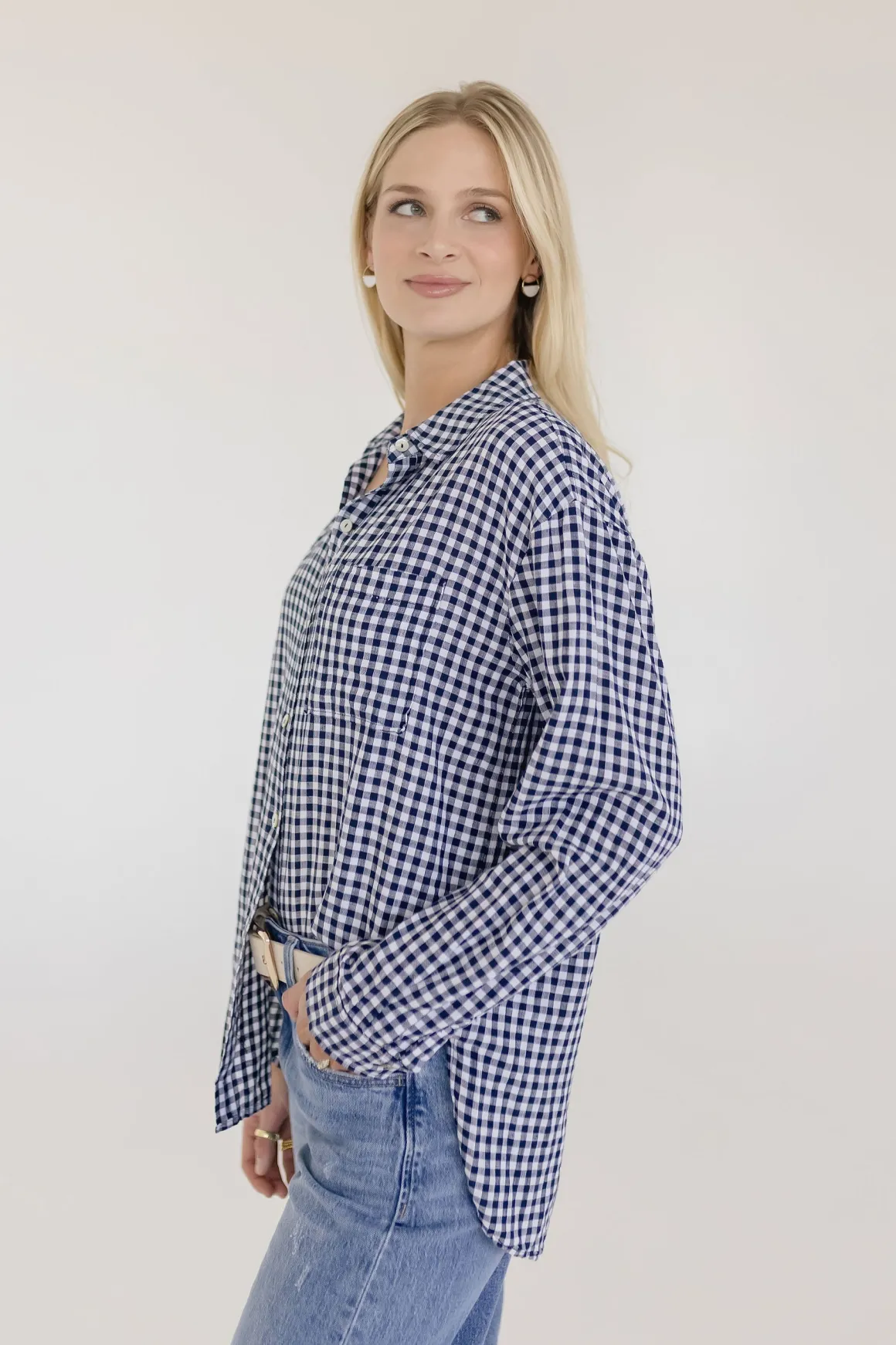 Camila Long Sleeve Button Down Gingham Print Top Navy