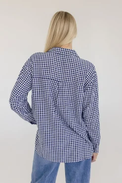 Camila Long Sleeve Button Down Gingham Print Top Navy