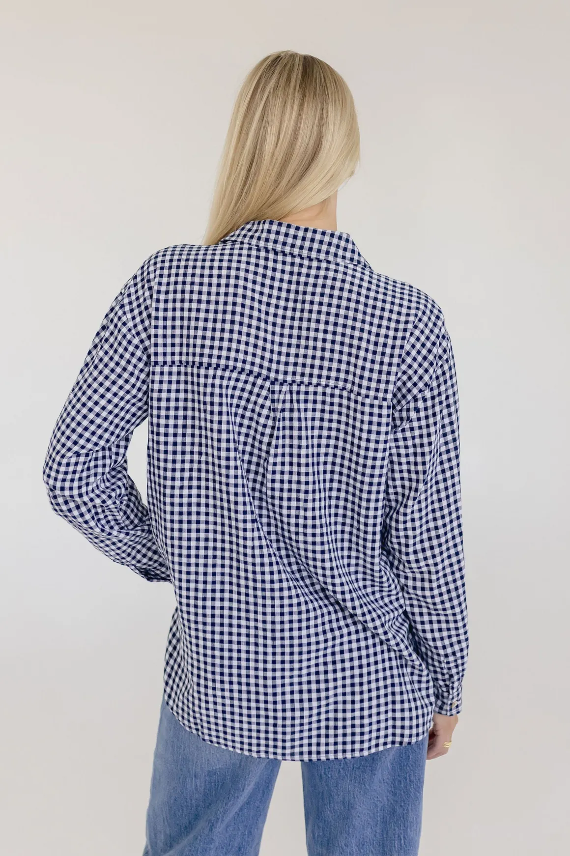 Camila Long Sleeve Button Down Gingham Print Top Navy