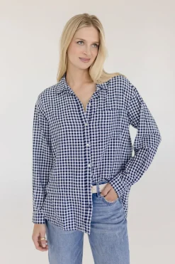 Camila Long Sleeve Button Down Gingham Print Top Navy