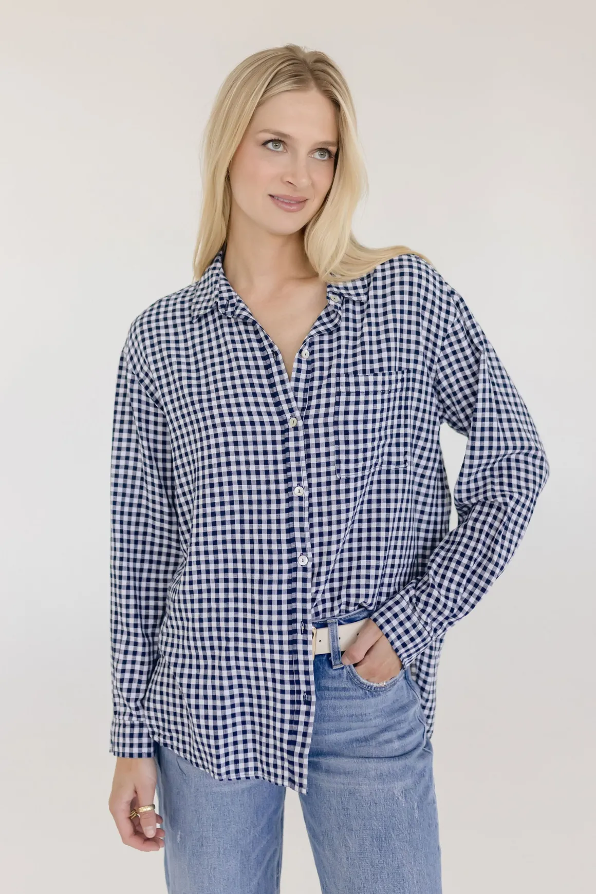 Camila Long Sleeve Button Down Gingham Print Top Navy