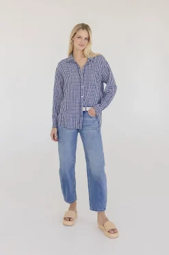 Camila Long Sleeve Button Down Gingham Print Top Navy