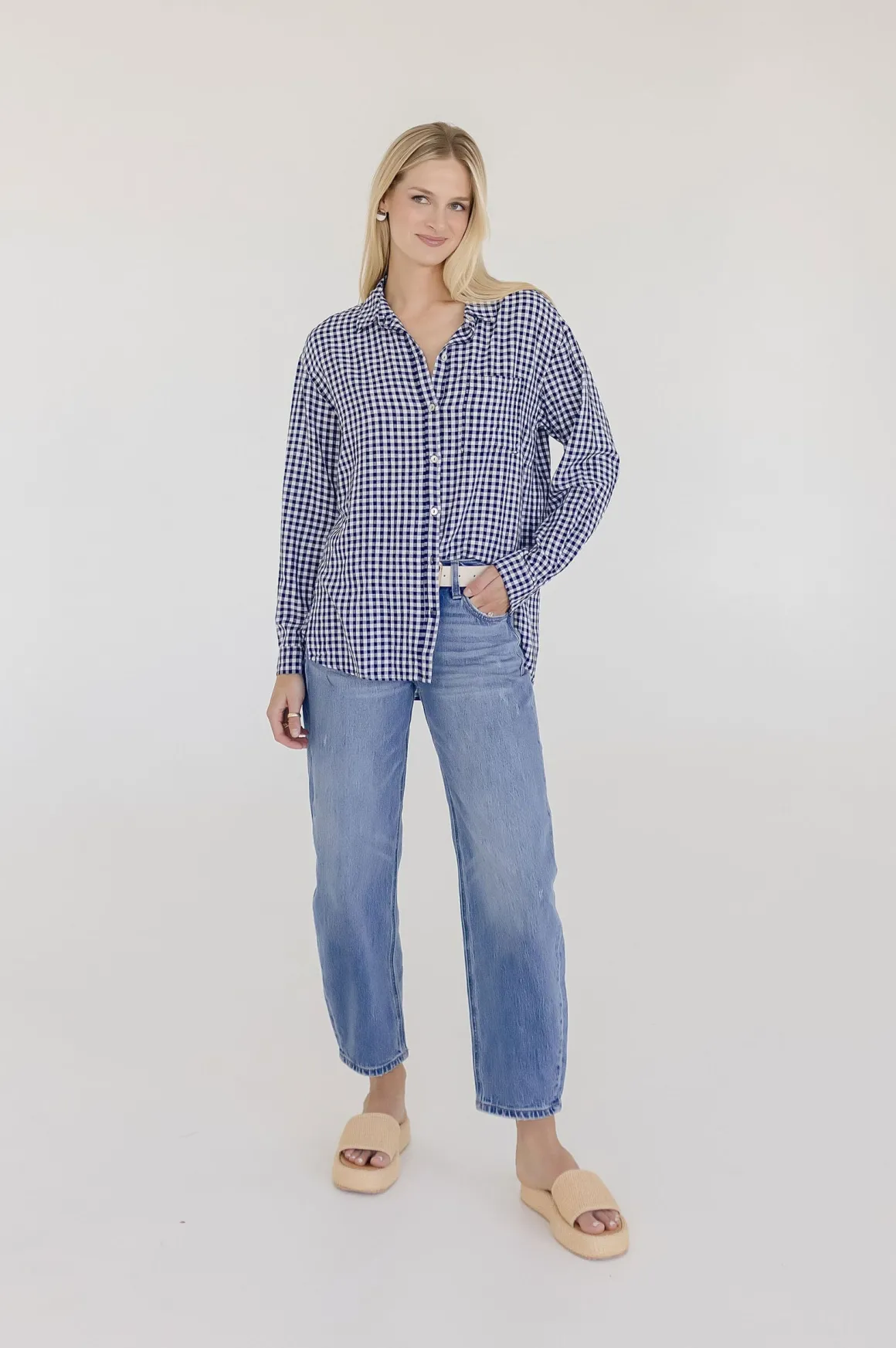 Camila Long Sleeve Button Down Gingham Print Top Navy