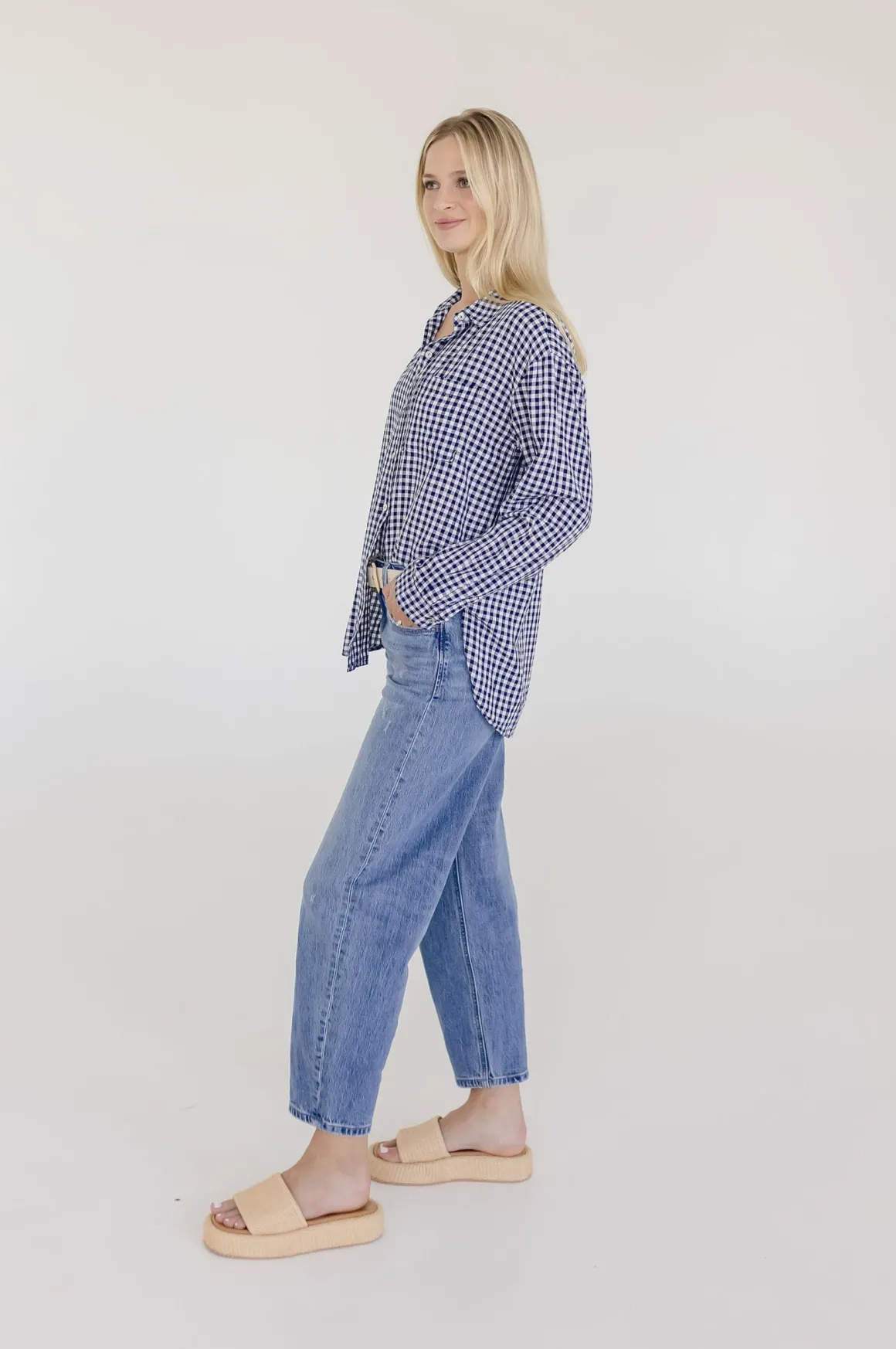 Camila Long Sleeve Button Down Gingham Print Top Navy