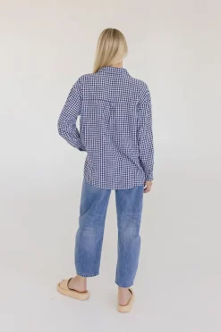 Camila Long Sleeve Button Down Gingham Print Top Navy