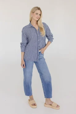 Camila Long Sleeve Button Down Gingham Print Top Navy