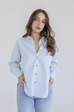 Candice Long Sleeve Oversized Button Down Stripe Print Top Blue