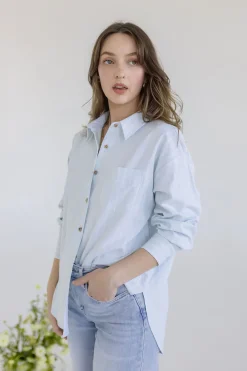 Candice Long Sleeve Oversized Button Down Stripe Print Top Blue