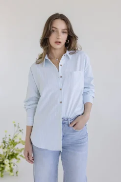 Candice Long Sleeve Oversized Button Down Stripe Print Top Blue
