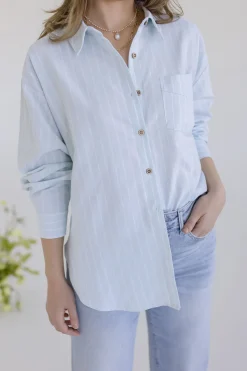 Candice Long Sleeve Oversized Button Down Stripe Print Top Blue