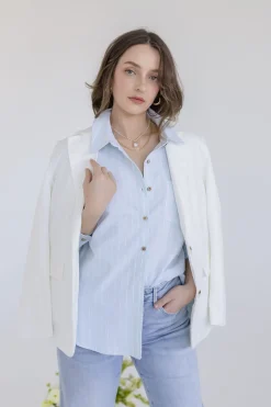 Candice Long Sleeve Oversized Button Down Stripe Print Top Blue