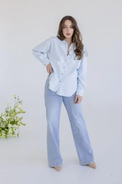 Candice Long Sleeve Oversized Button Down Stripe Print Top Blue