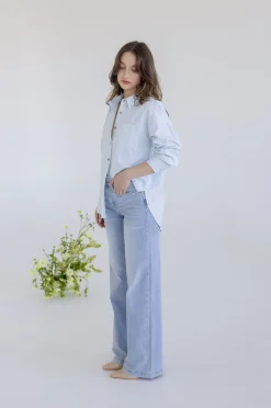 Candice Long Sleeve Oversized Button Down Stripe Print Top Blue
