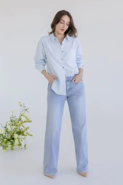 Candice Long Sleeve Oversized Button Down Stripe Print Top Blue