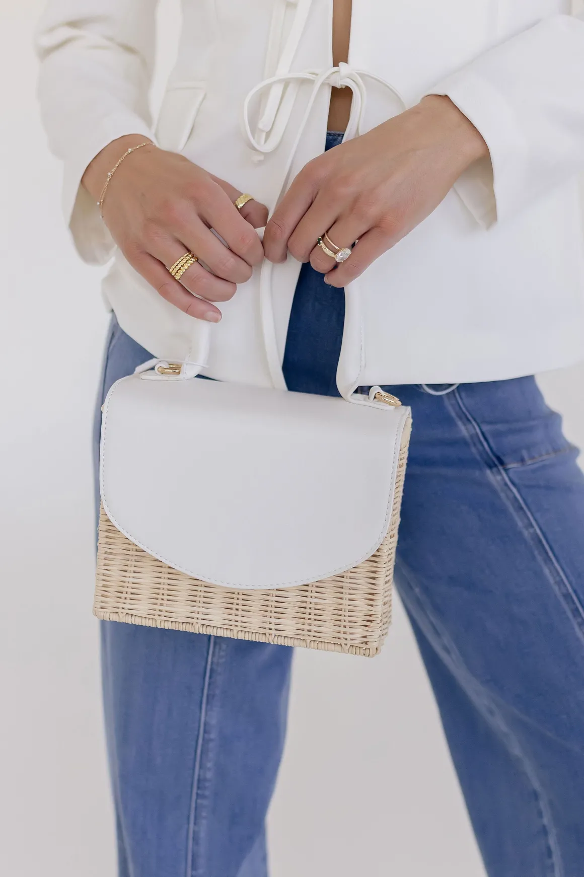 Carmen Faux Leather Woven Crossbody Handbag White