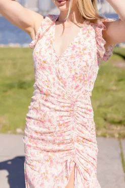 Carolina Short Sleeve Floral Print Shirred Maxi Dress Pink