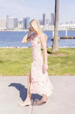 Carolina Short Sleeve Floral Print Shirred Maxi Dress Pink