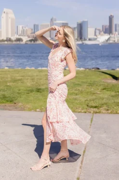 Carolina Short Sleeve Floral Print Shirred Maxi Dress Pink