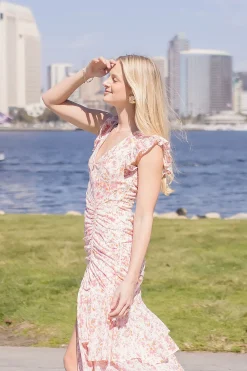 Carolina Short Sleeve Floral Print Shirred Maxi Dress Pink