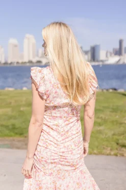 Carolina Short Sleeve Floral Print Shirred Maxi Dress Pink