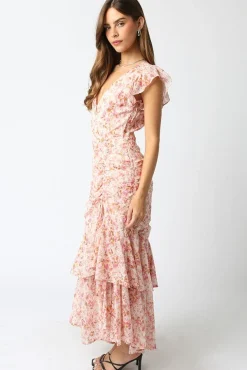 Carolina Short Sleeve Floral Print Shirred Maxi Dress Pink
