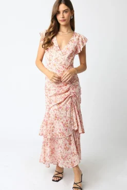 Carolina Short Sleeve Floral Print Shirred Maxi Dress Pink