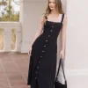 Carolyn Sleeveless Linen Button Down Front Midi Dress Black
