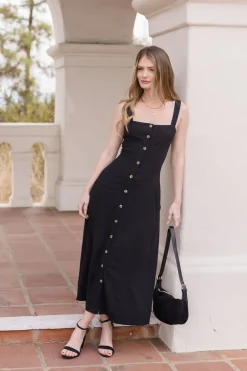 Carolyn Sleeveless Linen Button Down Front Midi Dress Black