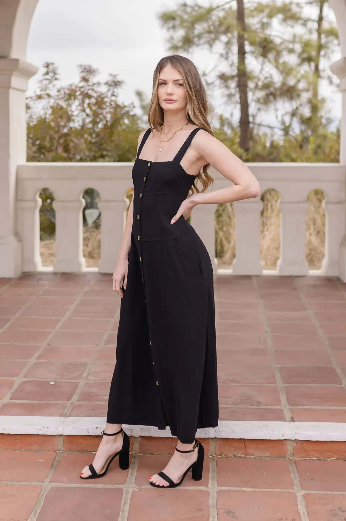 Carolyn Sleeveless Linen Button Down Front Midi Dress Black