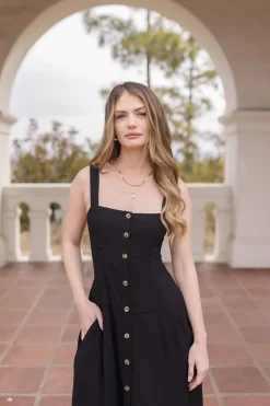 Carolyn Sleeveless Linen Button Down Front Midi Dress Black