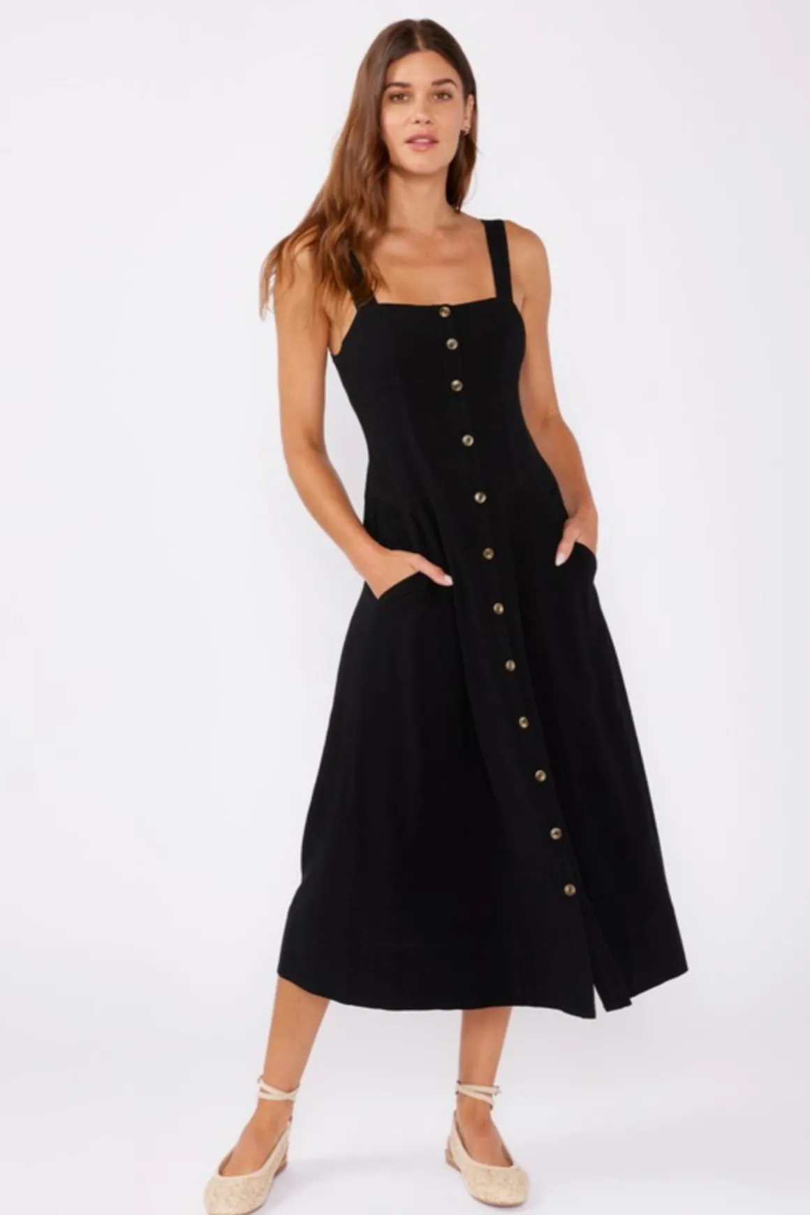 Carolyn Sleeveless Linen Button Down Front Midi Dress Black