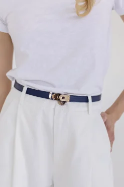 Carrie Faux Leather Twist Lock Skinny Belt Navy