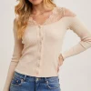 Cecilia Long Sleeve Lace Trim Button Down Top Beige