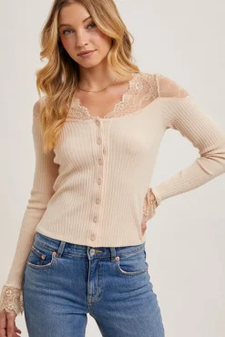Cecilia Long Sleeve Lace Trim Button Down Top Beige