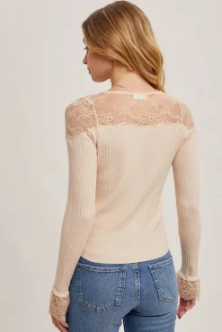 Cecilia Long Sleeve Lace Trim Button Down Top Beige