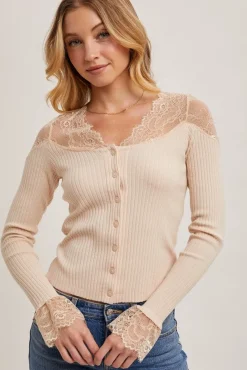 Cecilia Long Sleeve Lace Trim Button Down Top Beige