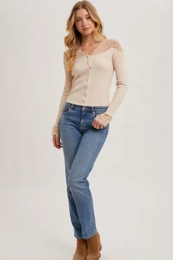 Cecilia Long Sleeve Lace Trim Button Down Top Beige