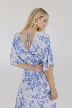 Cecily Kimono Sleeve Floral Print Maxi Dress Blue