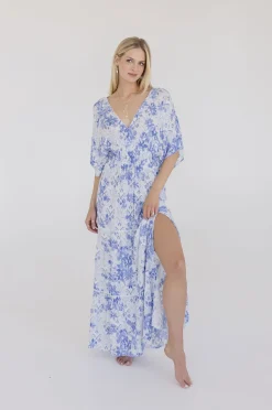 Cecily Kimono Sleeve Floral Print Maxi Dress Blue