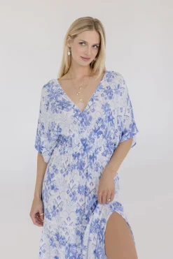 Cecily Kimono Sleeve Floral Print Maxi Dress Blue
