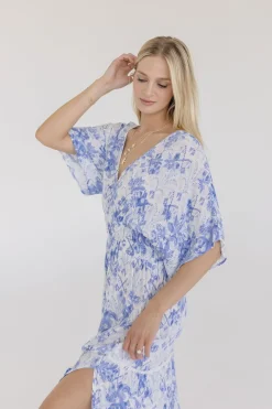 Cecily Kimono Sleeve Floral Print Maxi Dress Blue