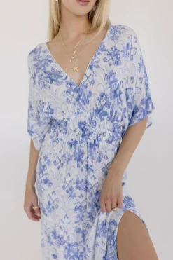 Cecily Kimono Sleeve Floral Print Maxi Dress Blue